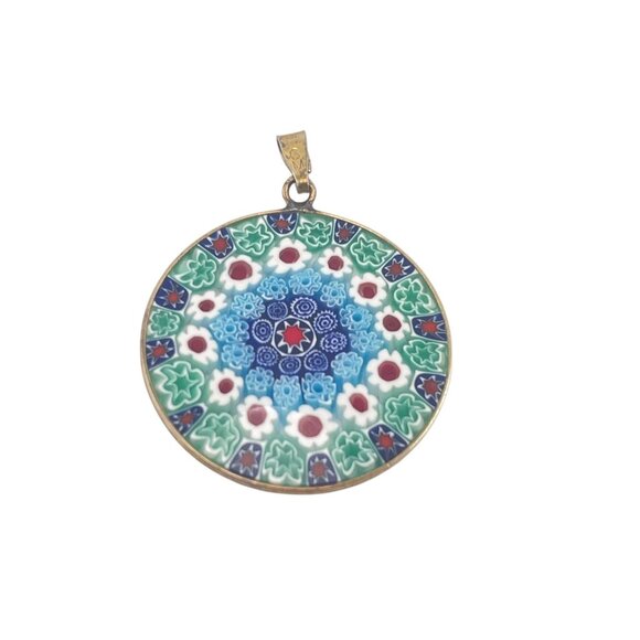 Millefiori Round Pendant Necklace With Intricate Floral Mosaic Design - Picture 4 of 8